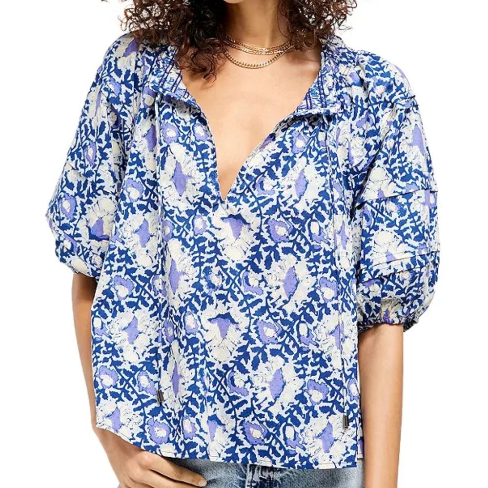 Free People Willow Printed Blouse in Blue combo - size small